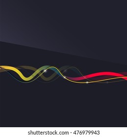 Abstract background. Wavy colorful swirly line on dark backdrop with light effects. Energy motion idea, business or techo minimal concept