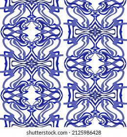 Abstract background of wavy embossed lines in blue shades. Intricate unusual kaleidoscope patterns. Openwork lace
