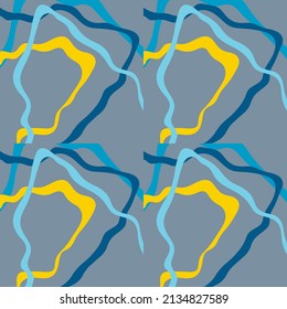Abstract background of wavy embossed lines in blue and yellow tones. Intricate unusual kaleidoscope patterns. Openwork lace