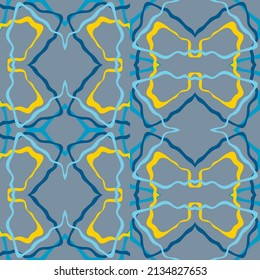 Abstract background of wavy embossed lines in blue and yellow tones. Intricate unusual kaleidoscope patterns. Openwork lace