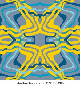 Abstract background of wavy embossed lines in blue and yellow tones. Intricate unusual kaleidoscope patterns. Openwork lace