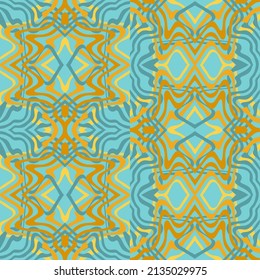 Fondo abstracto de las líneas onduladas onduladas en tonos azules y amarillos. Patrones inusuales e intrincados del caleidoscopio. Lazo de apertura