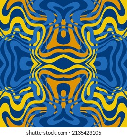 Abstract background of wavy embossed lines in blue and yellow tones. Intricate unusual kaleidoscope patterns. Openwork lace