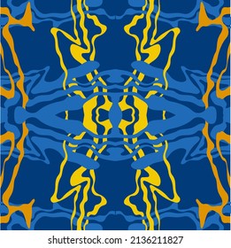 Abstract background of wavy embossed lines in blue and yellow tones. Intricate unusual kaleidoscope patterns. Openwork lace