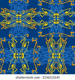 Abstract background of wavy embossed lines in blue and yellow tones. Intricate unusual kaleidoscope patterns. Openwork lace