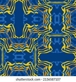 Fondo abstracto de las líneas onduladas onduladas en tonos azules y amarillos. Patrones inusuales e intrincados del caleidoscopio. Lazo de apertura