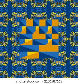 Abstract background of wavy embossed lines in blue and yellow tones. Intricate unusual kaleidoscope patterns. Openwork lace