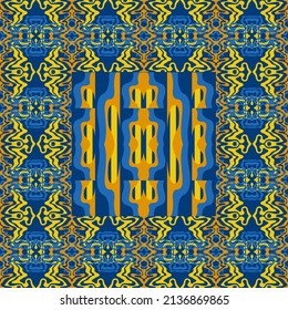 Abstract background of wavy embossed lines in blue and yellow tones. Intricate unusual kaleidoscope patterns. Openwork lace