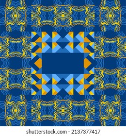 Abstract background of wavy embossed lines in blue and yellow tones. Intricate unusual kaleidoscope patterns. Openwork lace