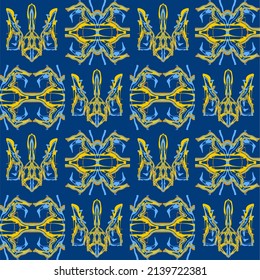 Fondo abstracto de las líneas onduladas onduladas en tonos azules y amarillos. Patrones inusuales e intrincados del caleidoscopio. Lugar de apertura. El tridente es el emblema de Ucrania