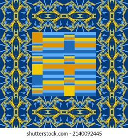 Abstrakter Hintergrund von gewellten Linien in Blau- und Gelbtönen. Komplexe ungewöhnliche Kaleidoskop-Muster.