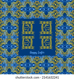 Abstract background of wavy embossed lines in blue and yellow tones. Intricate unusual kaleidoscope patterns. Openwork lace