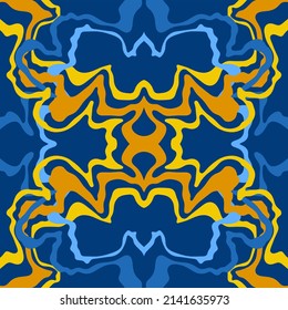 Abstract background of wavy embossed lines in blue and yellow tones. Intricate unusual kaleidoscope patterns. Openwork lace