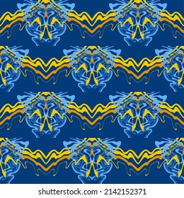 Abstract background of wavy embossed lines in blue and yellow tones. Intricate unusual kaleidoscope patterns. Openwork lace