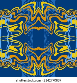 Fondo abstracto de las líneas onduladas onduladas en tonos azules y amarillos. Patrones inusuales e intrincados del caleidoscopio. Lazo de apertura