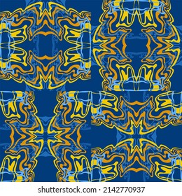 Abstract background of wavy embossed lines in blue and yellow tones. Intricate unusual kaleidoscope patterns. Openwork lace