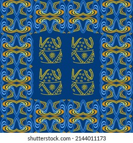 Abstract background of wavy embossed lines in blue and yellow tones. Intricate unusual kaleidoscope patterns. Openwork lace. Ethnic Ukrainian patterns for painting eggs