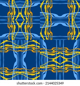 Abstract background of wavy embossed lines in blue and yellow tones. Intricate unusual kaleidoscope patterns. Openwork lace