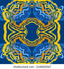Fondo abstracto de las líneas onduladas onduladas en tonos azules y amarillos. Patrones inusuales e intrincados del caleidoscopio. Lazo de apertura
