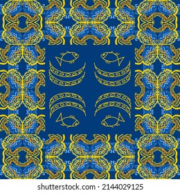 Abstract background of wavy embossed lines in blue and yellow tones. Intricate unusual kaleidoscope patterns. Openwork lace