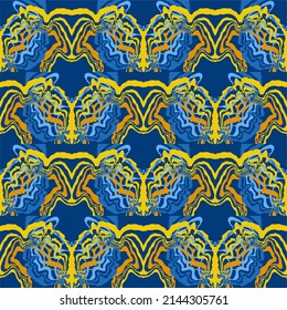 Abstract background of wavy embossed lines in blue and yellow tones. Intricate unusual kaleidoscope patterns. Openwork lace
