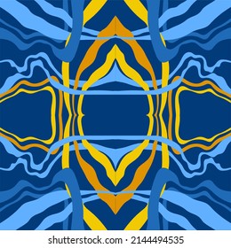 Fondo abstracto de las líneas onduladas onduladas en tonos azules y amarillos. Patrones inusuales e intrincados del caleidoscopio. Lazo de apertura
