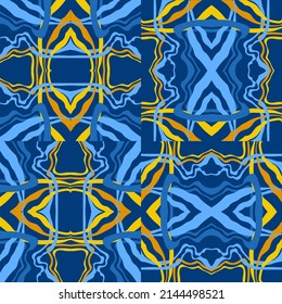 Abstract background of wavy embossed lines in blue and yellow tones. Intricate unusual kaleidoscope patterns. Openwork lace