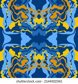 Abstract background of wavy embossed lines in blue and yellow tones. Intricate unusual kaleidoscope patterns. Openwork lace