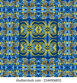 Abstrakter Hintergrund von gewellten Linien in Blau- und Gelbtönen. Komplexe ungewöhnliche Kaleidoskop-Muster. Arbeitsfläche