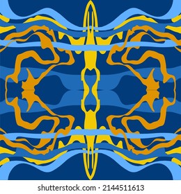 Abstract background of wavy embossed lines in blue and yellow tones. Intricate unusual kaleidoscope patterns. Openwork lace