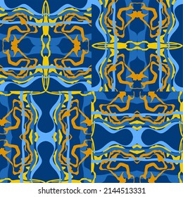 Abstract background of wavy embossed lines in blue and yellow tones. Intricate unusual kaleidoscope patterns. Openwork lace