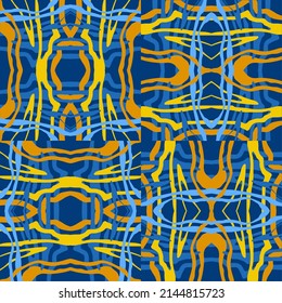 Fondo abstracto de las líneas onduladas onduladas en tonos azules y amarillos. Patrones inusuales e intrincados del caleidoscopio. Lazo de apertura