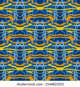 Abstract background of wavy embossed lines in blue and yellow tones. Intricate unusual kaleidoscope patterns. Openwork lace