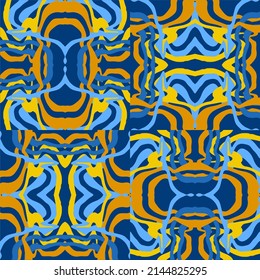 Abstract background of wavy embossed lines in blue and yellow tones. Intricate unusual kaleidoscope patterns. Openwork lace