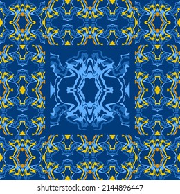 Abstract background of wavy embossed lines in blue and yellow tones. Intricate unusual kaleidoscope patterns. Openwork lace
