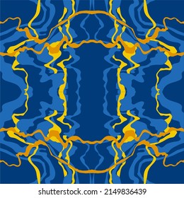 Abstract background of wavy embossed lines in blue and yellow tones. Intricate unusual kaleidoscope patterns. Openwork lace