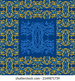 Abstract background of wavy embossed lines in blue and yellow tones. Intricate unusual kaleidoscope patterns. Openwork lace