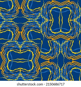 Abstract background of wavy embossed lines in blue and yellow tones. Intricate unusual kaleidoscope patterns. Openwork lace