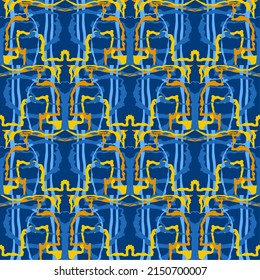 Abstract background of wavy embossed lines in blue and yellow tones. Intricate unusual kaleidoscope patterns. Openwork lace