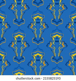 Fondo abstracto de las líneas onduladas onduladas en tonos azules y amarillos. Patrones inusuales e intrincados del caleidoscopio. Lazo de apertura