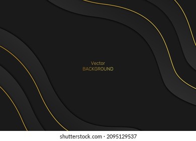 Fondo abstracto con formas onduladas y líneas doradas. Tercer telón de fondo. Vector frío mate. Diseño negro minimalista para banners