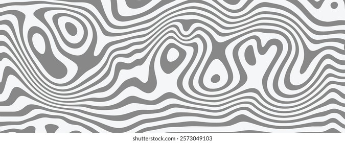 Abstract background with wavy gray lines on a white background. The gray pattern creates a fluid, textured appearance. Psychedelic pattern background vector. Gray background.