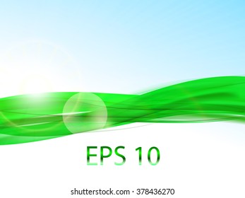 Abstract background with wavy green line and rising sun, vector illustration