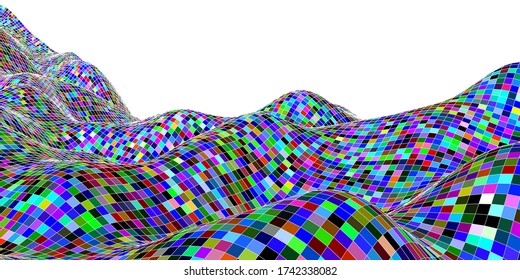 Abstract background with wavy grid and color squares. Vector illustration.