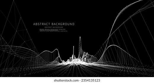 Abstract background  wavy grid  lines from white dots on black. Technology wireframe concept in virtual space. Big Data. Banner for business, science and technology data analytics.