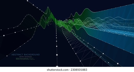 Abstract  background wavy grid  in net dots and lines on dark. Technology wireframe concept data waves  in virtual space. Banner for business, science and technology data analytics. Big Data.