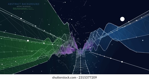 Rejilla ondulada de fondo abstracta en puntos netos y líneas en oscuro. Ondas de datos de concepto de tecnología en el espacio virtual. Cartel para análisis de datos de negocios, ciencia y tecnología. Big Data.