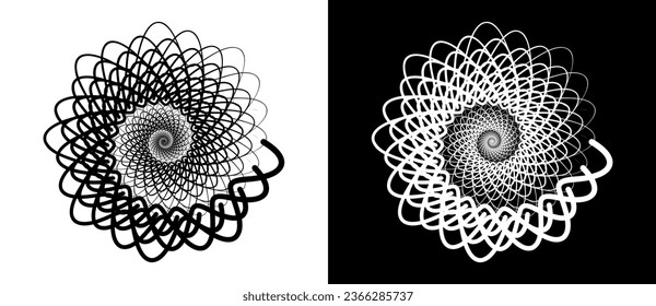 Fondo abstracto con líneas onduladas en círculo. Espiral de diseño artístico como logotipo o icono. Una figura negra en un fondo blanco y una figura igualmente blanca en el lado negro.