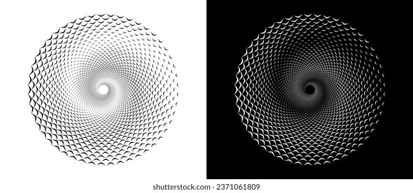 Abstract background with wavy lines in circle. Art design spiral as logo or icon. A black figure on a white background and an equally white figure on the black side.