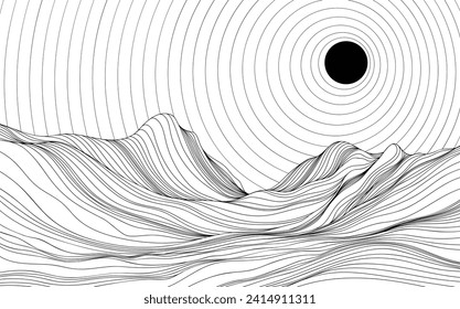 Abstract background with wavy lines and circles. Black and white illustration of mountains. Landscape with sun rays.